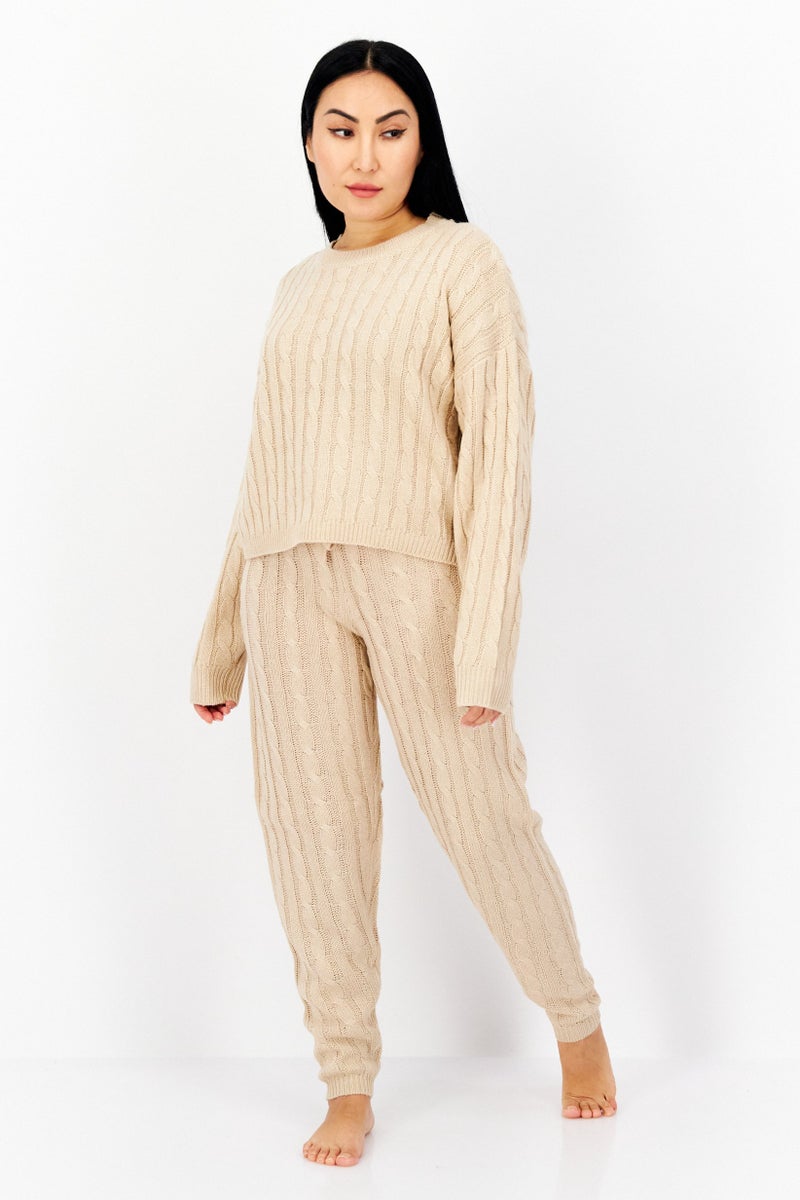 BRAVE SOUL Women 2 Piece Long Sleeves Knitted Sweater Drawstring Pants, Biscuit  - Image 1