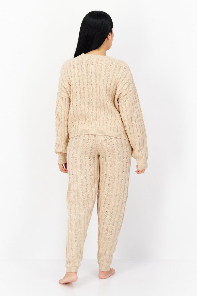 BRAVE SOUL Women 2 Piece Long Sleeves Knitted Sweater Drawstring Pants, Biscuit  - Image 2