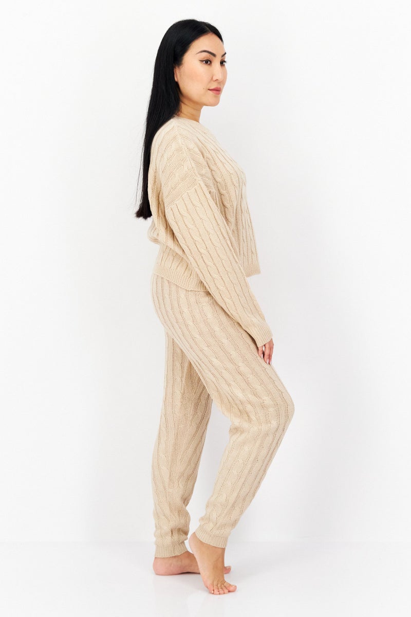BRAVE SOUL Women 2 Piece Long Sleeves Knitted Sweater Drawstring Pants, Biscuit  - Image 4