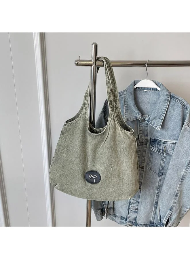 Take Two Green Badge Detail Denim Tote Bag