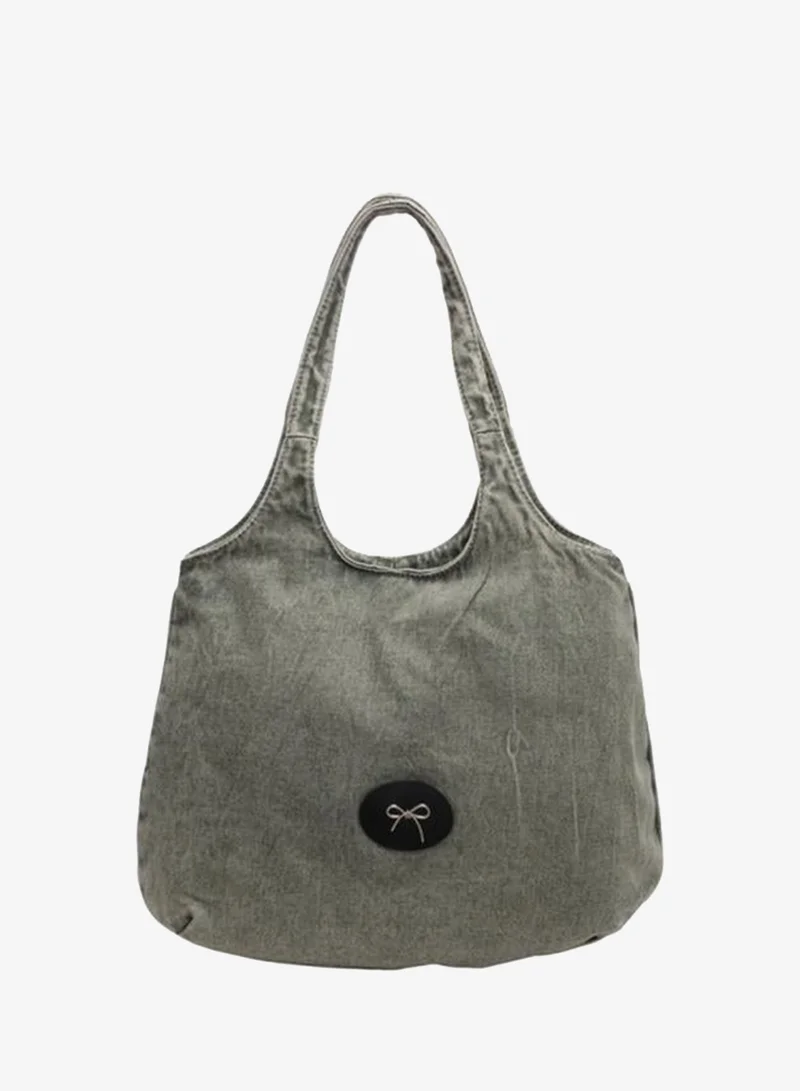 Take Two Green Badge Detail Denim Tote Bag