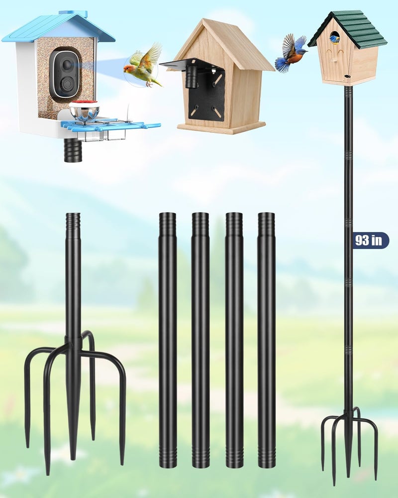 MIUVIBENI Adjustable Smart Bird Feeder Pole 93 Inch,Bluebird House Pole for Outdoors Weather Station Heavy Duty Metal Mounting Kit Adjustable Bird Feeder Stand,Black - Image 1