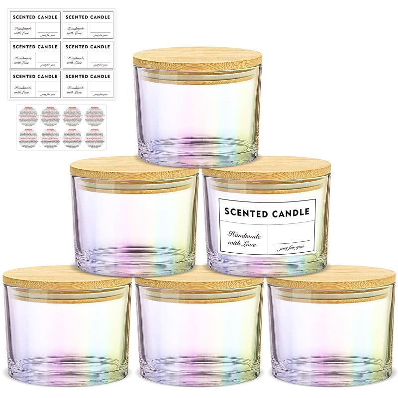 SUPMIND 16oz 3 Wick Candle Jars 6 Pack Large Empty Iridescent Wide Mouth Glass Candle Making Jars with Bamboo Lids and Stickers and Labels Bulk Candle Containers for Making Candles