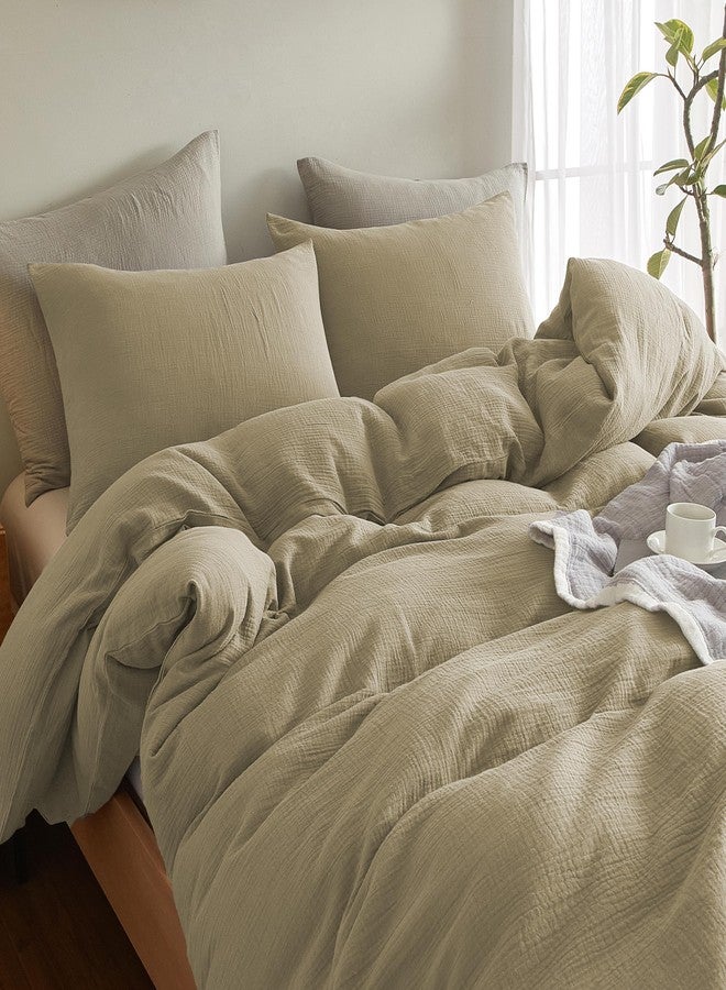 SE SOFTEXLY Muslin Duvet Cover King Size, 100% Washed Cotton Duvet Cover Set, Ultra Soft Comforter Cover Linen Like, 3 Pieces Minimalist Gauze Duvet Cover with 2 Pillowcases, 90"x104", Beige - Image 3
