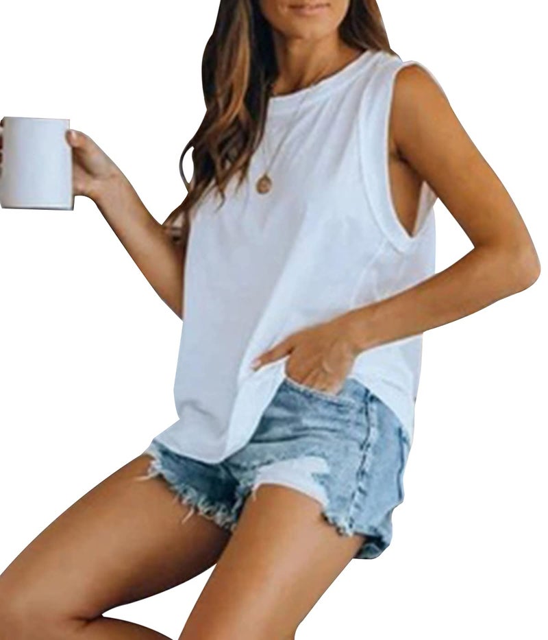 Fazortev Women's Summer Sleeveless Tank Top Loose Fit Casual Crew Neck T Shirts Basic Tee Tops White - Image 2