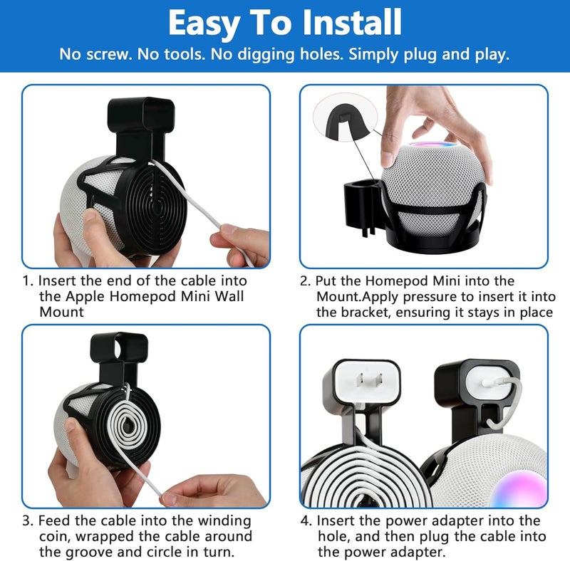 CUHIOY Outlet Wall Mount Holder for Homepod Mini, Plug Mount Stand with Cord Management for Space-Saving, No Messy Cords or Screws, Perfect Accessories for Homepod Mini Speaker (Black, 1 Pack) - Image 5