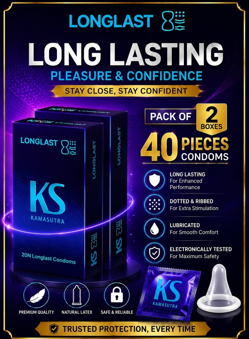 Kamasutra Long Last Extended Pleasure Climax Delay Condoms - 20N X 2 - Image 1
