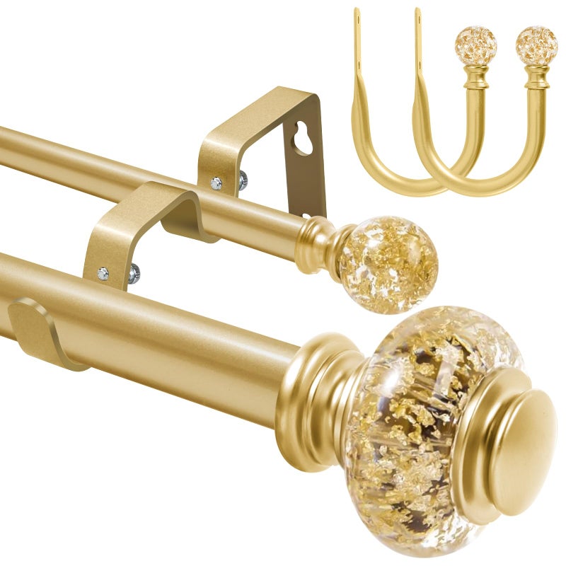BHSRODS 1 Inch Modern Gold Double Curtain Rod Set - Tension rods for windows 28 to 48 inchs with Holdbacks and Clear Finials -BHSRODS Home Double Window Rods for Living Room & Bedroom - Image 1