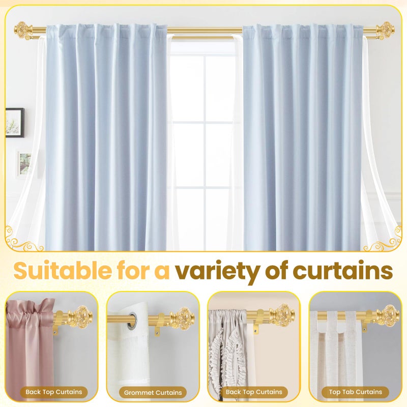 BHSRODS 1 Inch Modern Gold Double Curtain Rod Set - Tension rods for windows 28 to 48 inchs with Holdbacks and Clear Finials -BHSRODS Home Double Window Rods for Living Room & Bedroom - Image 3