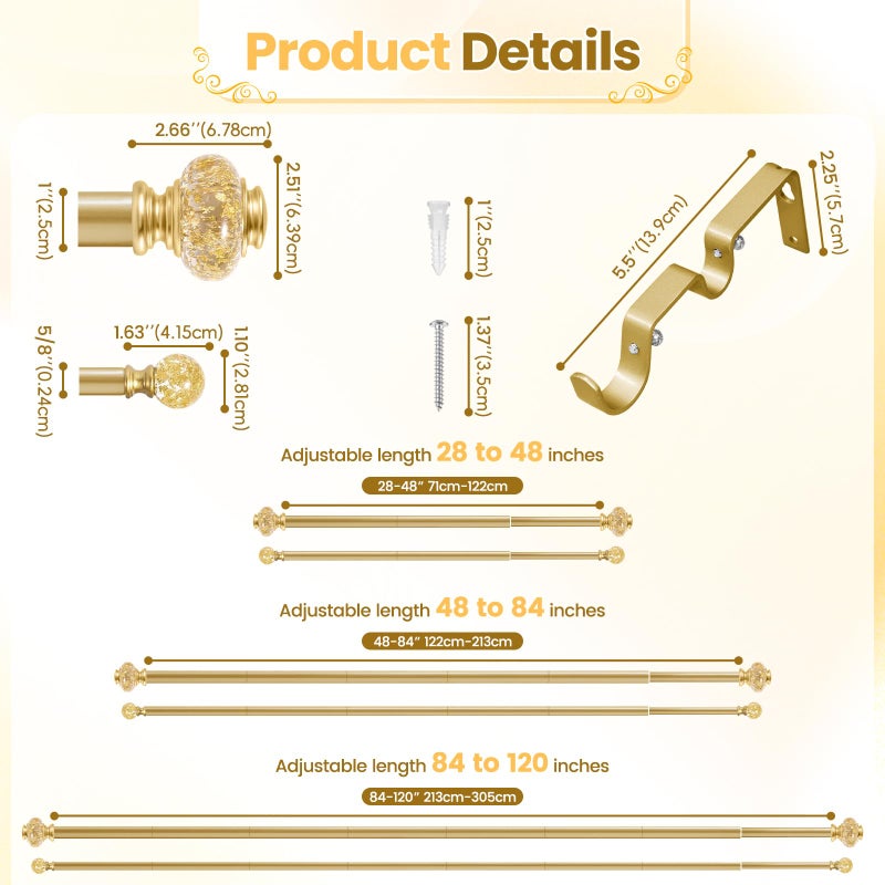 BHSRODS 1 Inch Modern Gold Double Curtain Rod Set - Tension rods for windows 28 to 48 inchs with Holdbacks and Clear Finials -BHSRODS Home Double Window Rods for Living Room & Bedroom - Image 4