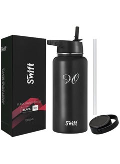 Swift قارورة مياه سعة 1 لتر من الفولاذ المقاوم للصدأ مع شفاطة وغطاءين، كوب ماء ترمس للسفر واسع الفم للصالة الرياضية والرياضة والتخييم والسفر 1000 مل  - Image 1