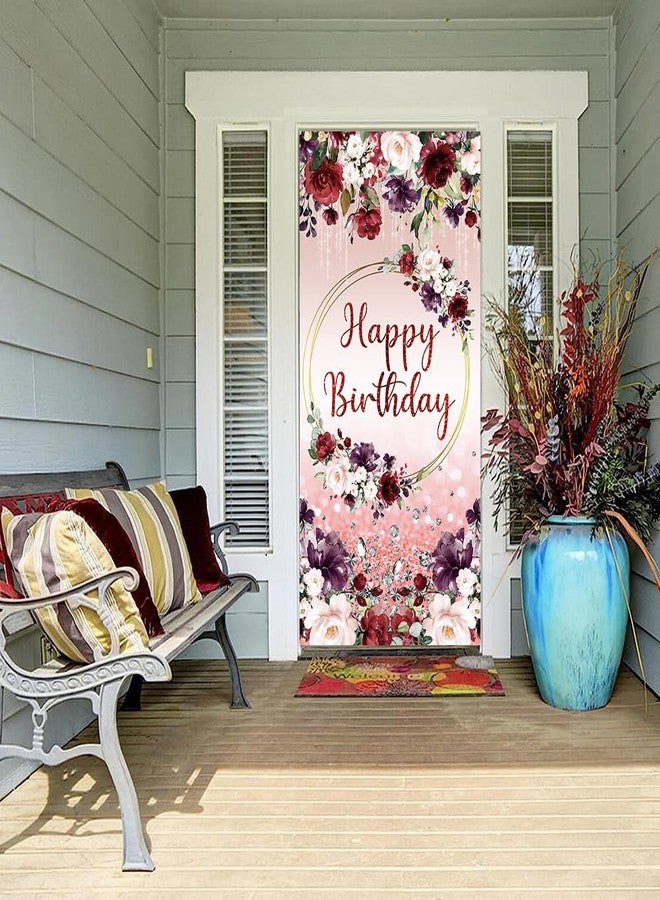 DOTOOMA 35.4 x 72.8 Inches Purple Pink Red Roses Happy Birthday Door Banner Yard Sign Tassels Diamond Glitter Door Decorations Polyester Fabric Supplies Indoor Outdoor - Image 2