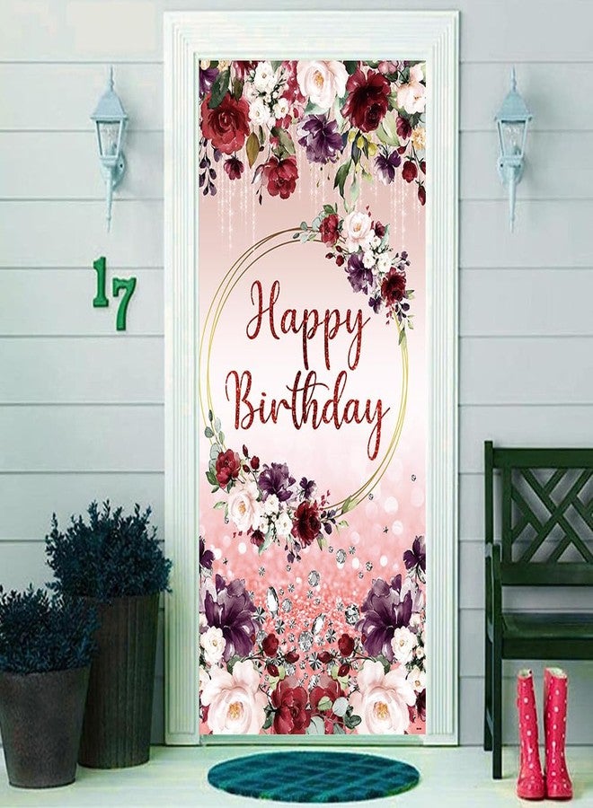 DOTOOMA 35.4 x 72.8 Inches Purple Pink Red Roses Happy Birthday Door Banner Yard Sign Tassels Diamond Glitter Door Decorations Polyester Fabric Supplies Indoor Outdoor - Image 1