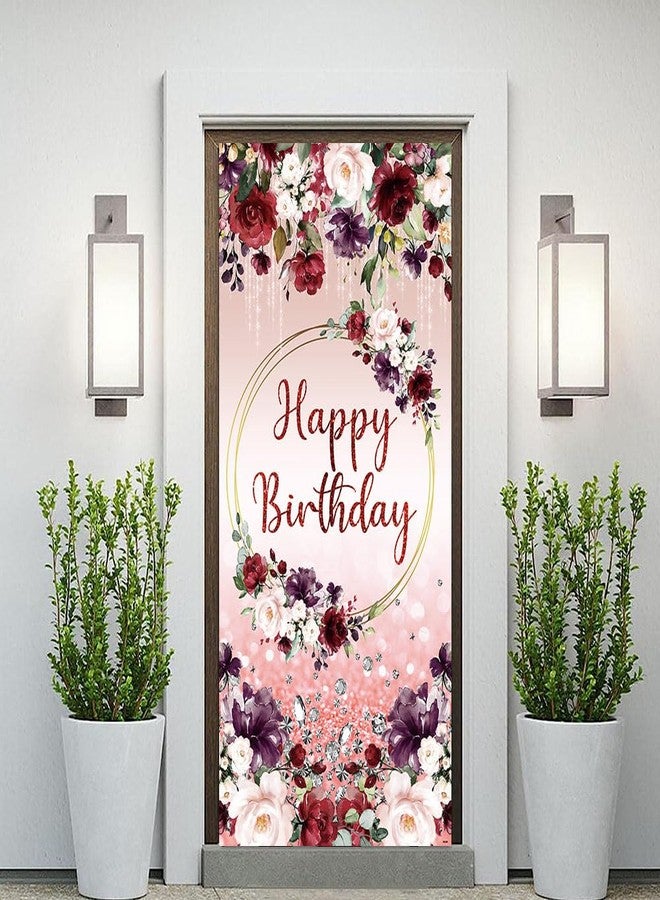 DOTOOMA 35.4 x 72.8 Inches Purple Pink Red Roses Happy Birthday Door Banner Yard Sign Tassels Diamond Glitter Door Decorations Polyester Fabric Supplies Indoor Outdoor - Image 3