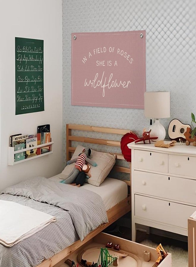 Wheatwin Wildflower Nursery Decor, Girls Room Decor, In a Field Full of Roses She Is a Wildflower Banner, Pink Linen Banner Flag Decor for Little Girl Baby Girl, Girls Room Wall Decor Canvas Banner - Image 2
