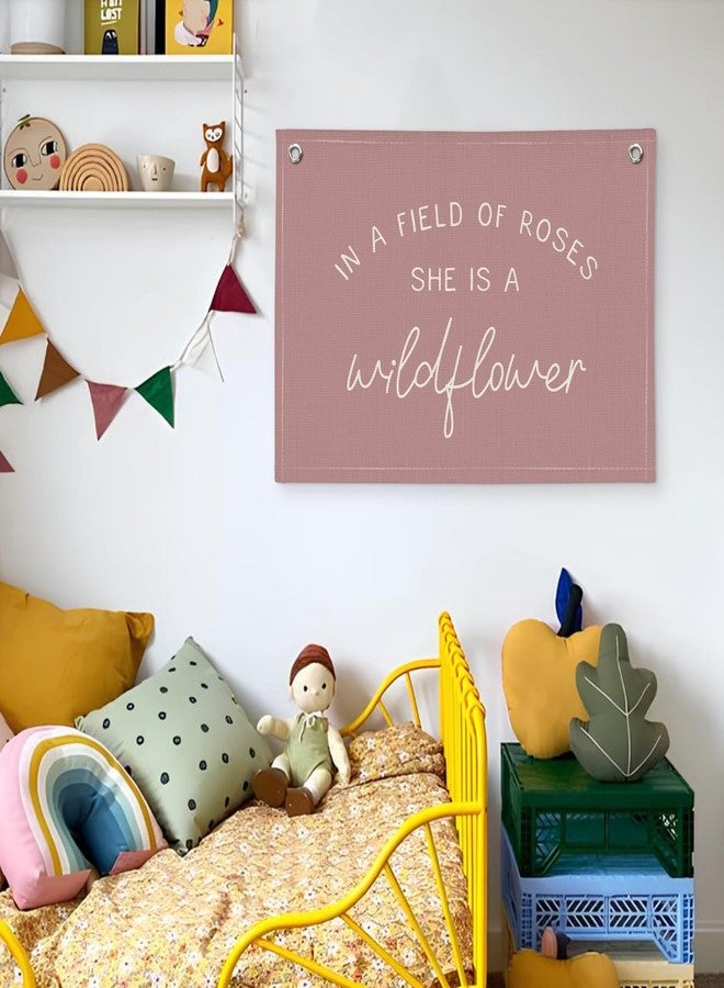 Wheatwin Wildflower Nursery Decor, Girls Room Decor, In a Field Full of Roses She Is a Wildflower Banner, Pink Linen Banner Flag Decor for Little Girl Baby Girl, Girls Room Wall Decor Canvas Banner - Image 5