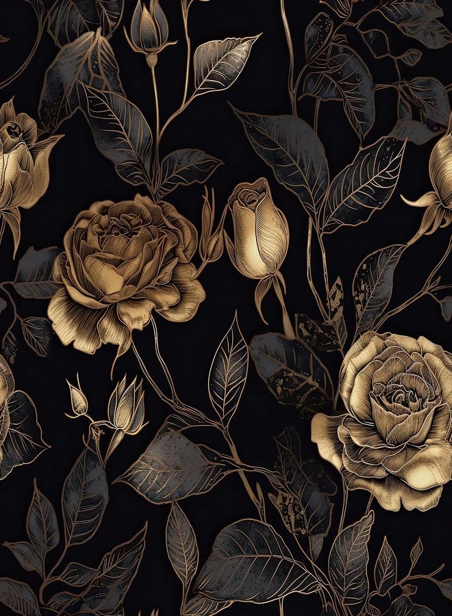 FunStick 17.5"x354" Black and Gold Floral Peel and Stick Wallpaper Vintage Moody Black Floral Wall Paper for Bedroom RV Walls Removable Vinyl Rose Flower Wallpaper Renter Friendly Dark Contact Paper - Image 1
