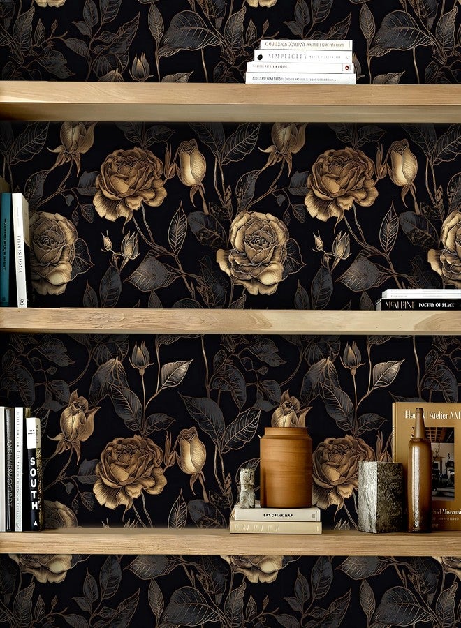 FunStick 17.5"x354" Black and Gold Floral Peel and Stick Wallpaper Vintage Moody Black Floral Wall Paper for Bedroom RV Walls Removable Vinyl Rose Flower Wallpaper Renter Friendly Dark Contact Paper - Image 5