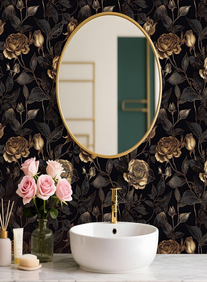 FunStick 17.5"x354" Black and Gold Floral Peel and Stick Wallpaper Vintage Moody Black Floral Wall Paper for Bedroom RV Walls Removable Vinyl Rose Flower Wallpaper Renter Friendly Dark Contact Paper - Image 4