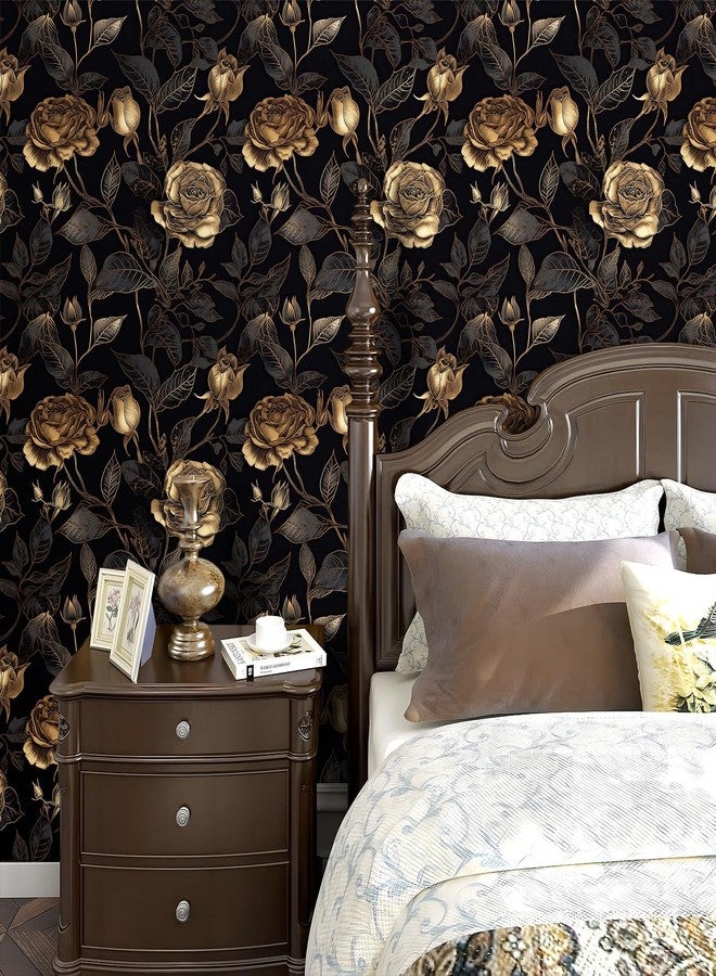 FunStick 17.5"x354" Black and Gold Floral Peel and Stick Wallpaper Vintage Moody Black Floral Wall Paper for Bedroom RV Walls Removable Vinyl Rose Flower Wallpaper Renter Friendly Dark Contact Paper - Image 2