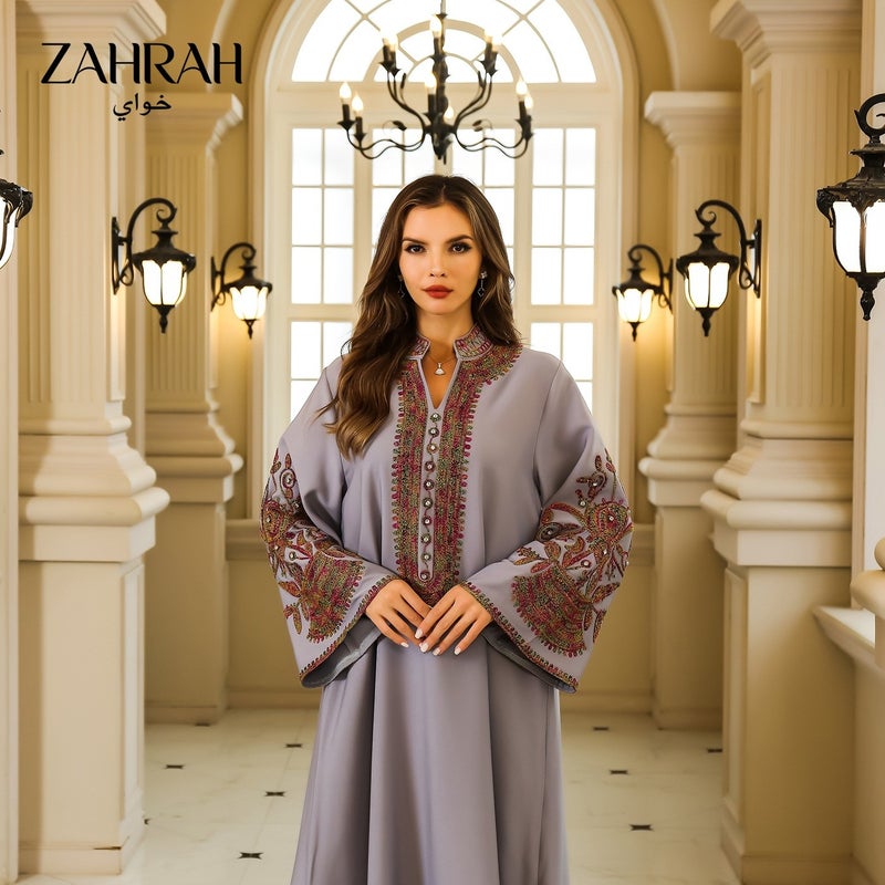 زهرة النساء مطرزة أبايا ماكسي فستان، التنفس 4-الطريق تمديد فضفاض تناسب فستان طويل، العادي والرسمي الإسلامي كفتان - Image 3