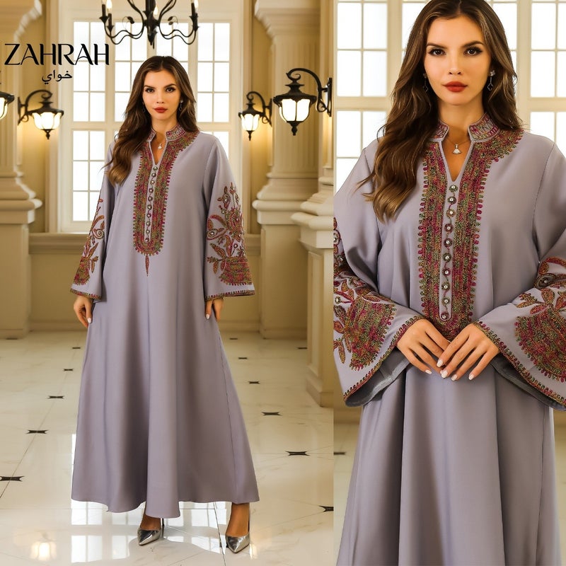 زهرة النساء مطرزة أبايا ماكسي فستان، التنفس 4-الطريق تمديد فضفاض تناسب فستان طويل، العادي والرسمي الإسلامي كفتان - Image 1