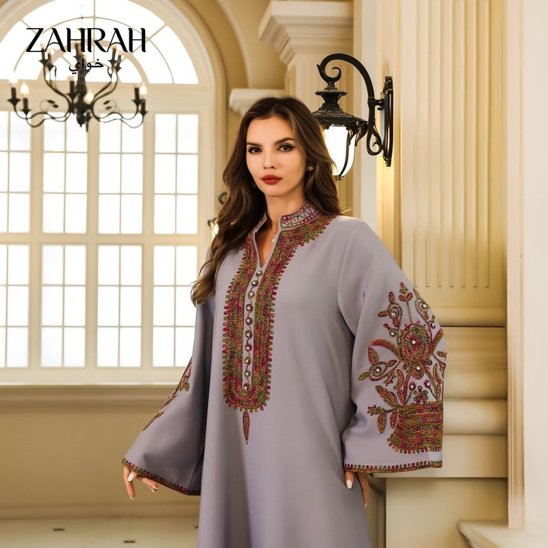 زهرة النساء مطرزة أبايا ماكسي فستان، التنفس 4-الطريق تمديد فضفاض تناسب فستان طويل، العادي والرسمي الإسلامي كفتان - Image 5