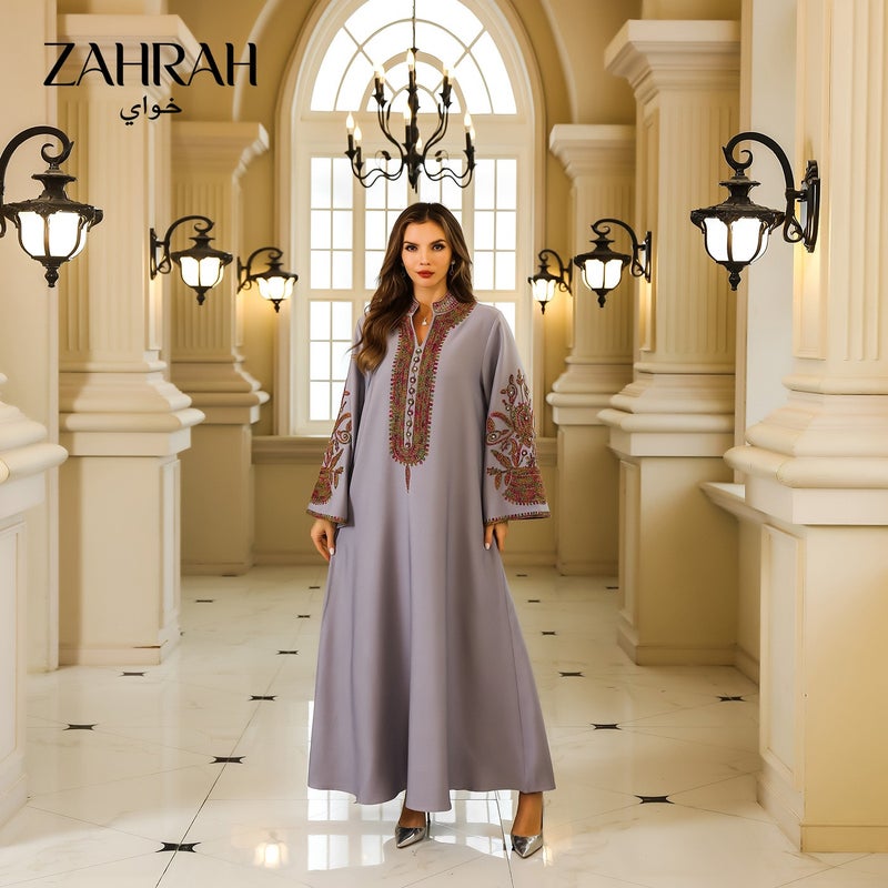 زهرة النساء مطرزة أبايا ماكسي فستان، التنفس 4-الطريق تمديد فضفاض تناسب فستان طويل، العادي والرسمي الإسلامي كفتان - Image 2