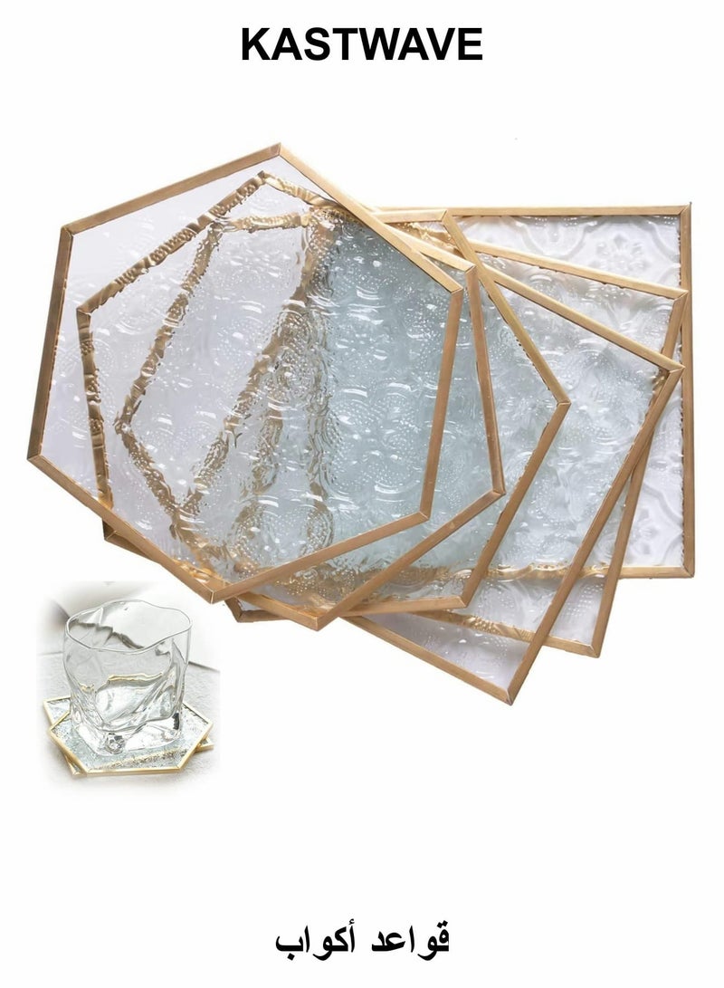 كاست ويف قاعدة أكواب زجاجية ذهبية للمشروبات، طقم من 6 قطع قاعدة أكواب مع مجموعة أكواب أنيقة منحوتة من الزجاج - Image 1