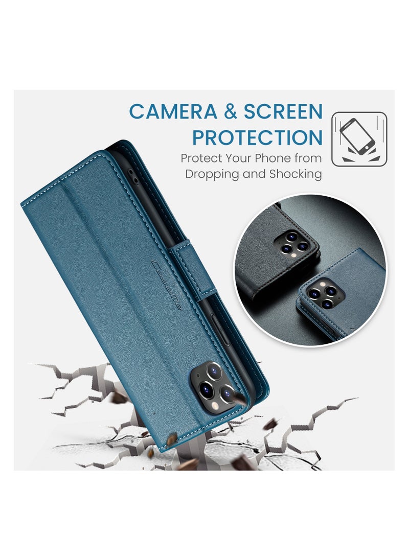 CaseMe - CaseMe Flip Wallet Case For iPhone 11 Pro MAX RFID Blocking PU Leather Wallet Flip Folio Case with Card Holder Kickstand Shockproof Phone Cover - Blue - Image 1