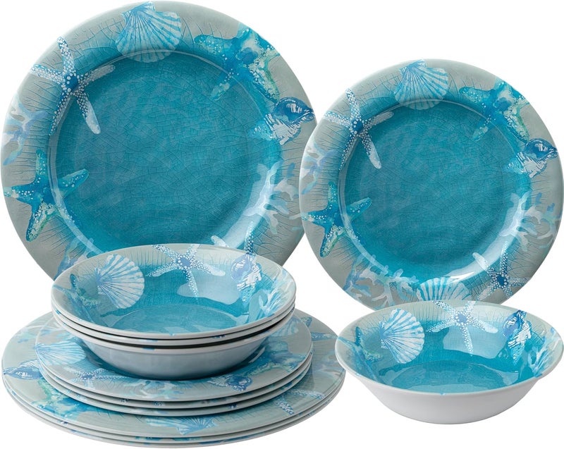 ZAROCRUS 12 PCS Melamine Dinnerware set Unbreakable Coastal Plates and Bowls Set Lightweight Chip Resistant Oceanic Dishes Set Service for 4 Great for Camper RV Indoors Outdoors Use  - Image 1