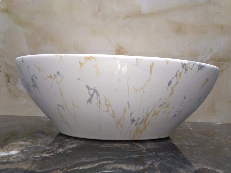 Ceramic Wash Basin for BathroomCeramic wash BasinTable topSatin MATT FinishCeramic wash Basin for HomeSize 16x13x6 INCHOffWhite Gold Print  - Image 1