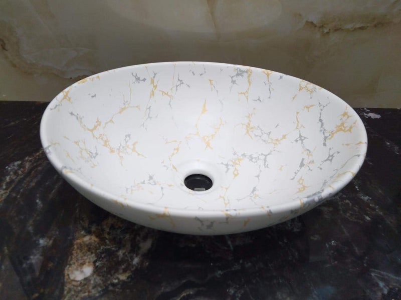 Ceramic Wash Basin for BathroomCeramic wash BasinTable topSatin MATT FinishCeramic wash Basin for HomeSize 16x13x6 INCHOffWhite Gold Print  - Image 2