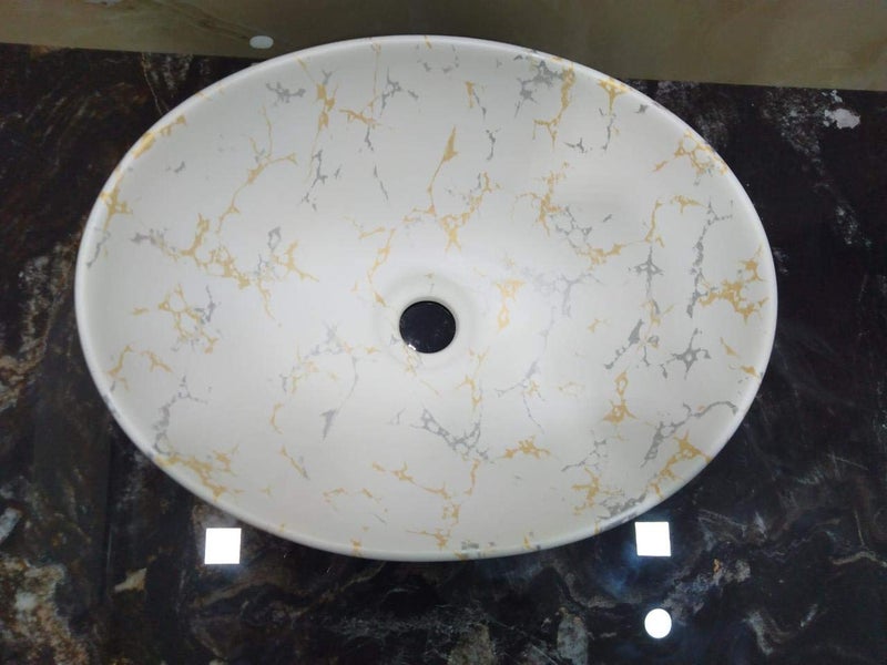Ceramic Wash Basin for BathroomCeramic wash BasinTable topSatin MATT FinishCeramic wash Basin for HomeSize 16x13x6 INCHOffWhite Gold Print  - Image 3