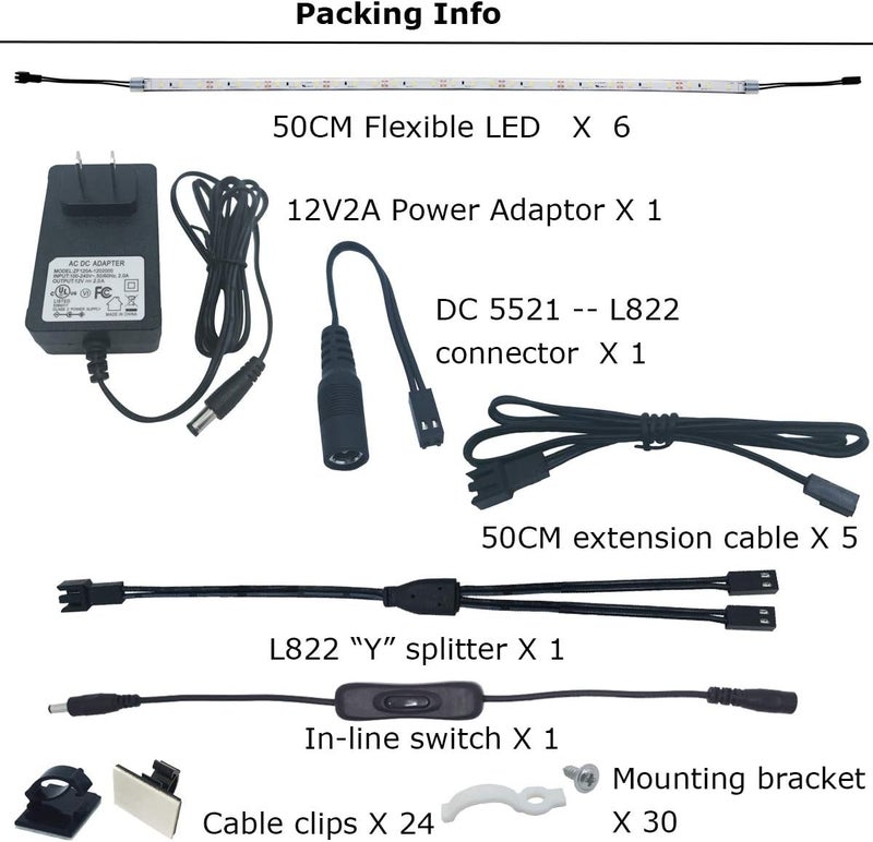 Litever Under Cabinet Light, 6 PCS 20 Inches Flexible LED Strips with Power Adapter, 24W,1800 Lumen, Daylight 5000K. Suitable for Kitchen Cabinets, Counters, Under Shelf, Closets (6-Strip-5000K) - Image 2