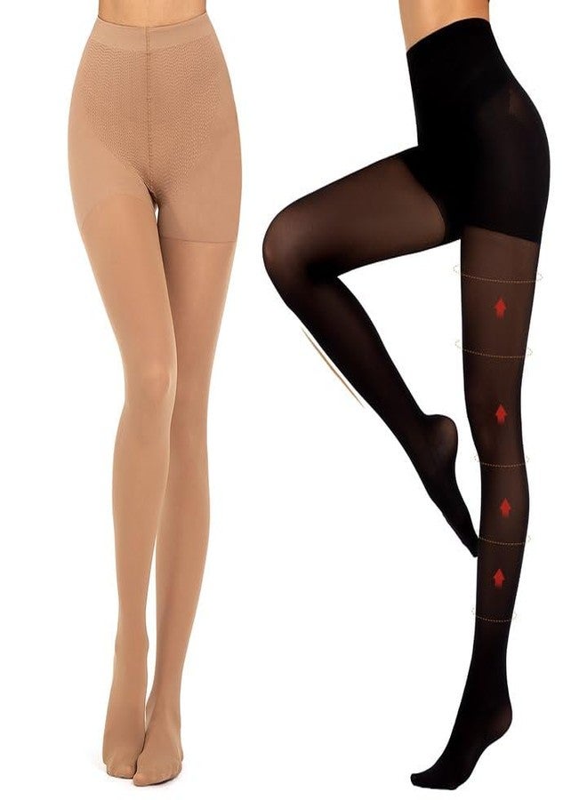 MANZI 2 Pairs Compression Pantyhose for Women Shaping Black Tights 10-15mmHg Support 50D Opaque Stockings, Black and Natural M - Image 1