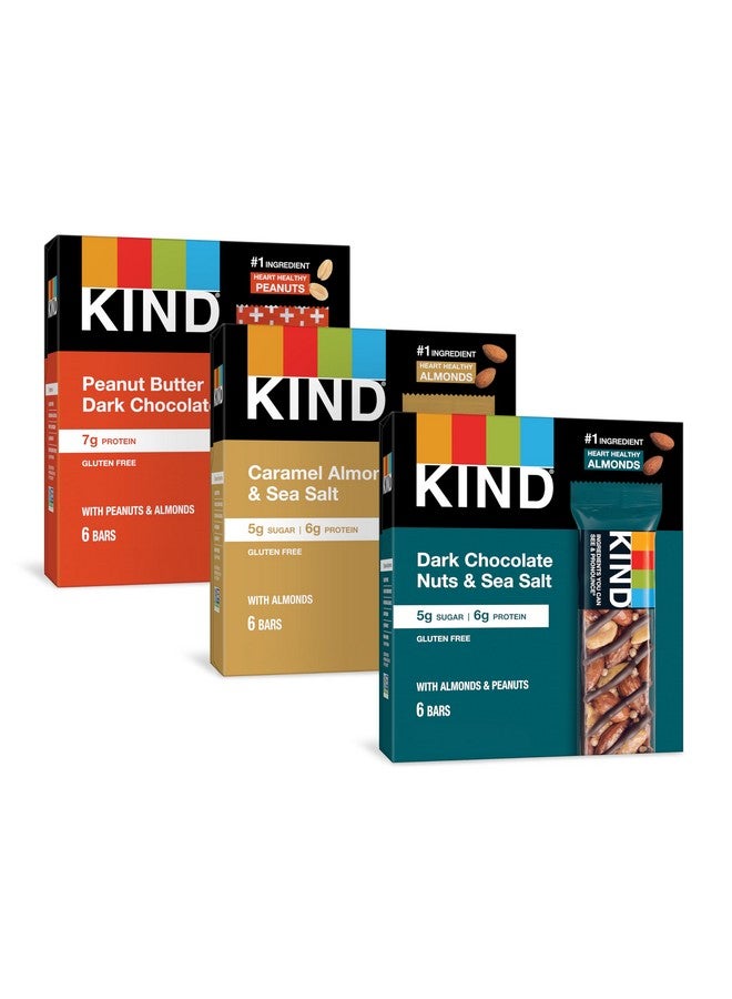 KIND Nut Bars, Favorites Variety Pack, Dark Chocolate Nuts and Sea Salt, Peanut Butter Dark Chocolate, Caramel Almond and Sea Salt, Gluten Free, Up to 7g Protein, 18 Count - Image 1