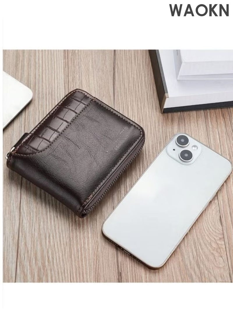 WAOKN The new men's wallet is made of imitation leather material, spliced with stone pattern pattern, multifunctional zipper wallet, fashionable and casual, large capacity three fold bag zipper coin purse, multi-functional card bag with multiple card slots in one package. - Image 3