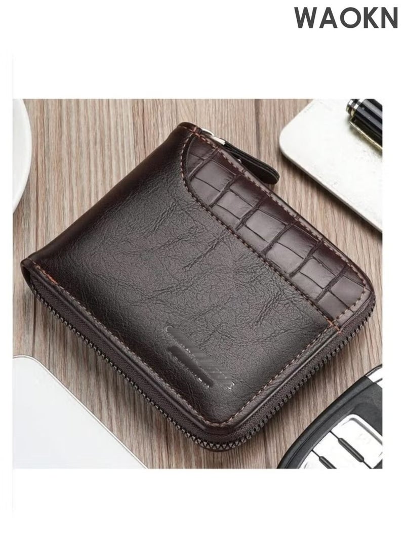 WAOKN The new men's wallet is made of imitation leather material, spliced with stone pattern pattern, multifunctional zipper wallet, fashionable and casual, large capacity three fold bag zipper coin purse, multi-functional card bag with multiple card slots in one package. - Image 2