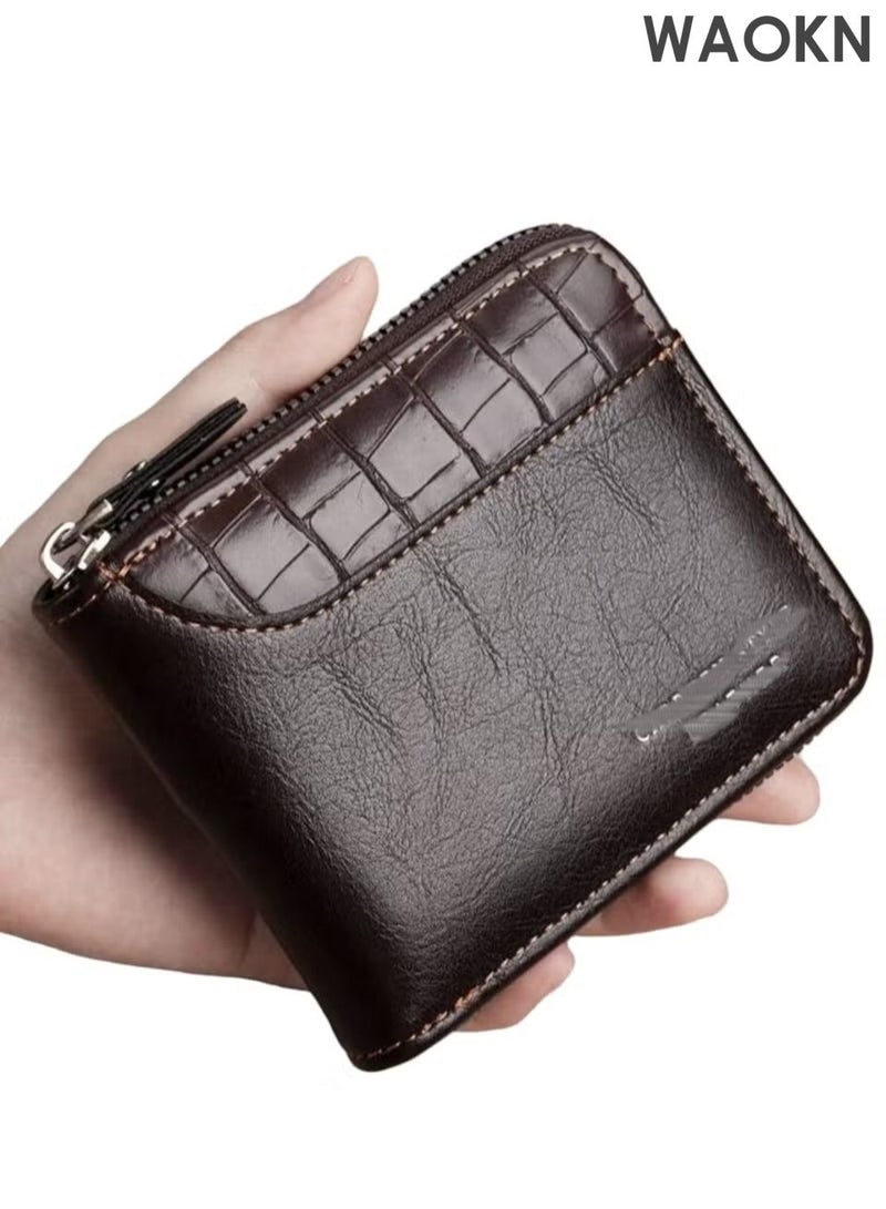 WAOKN The new men's wallet is made of imitation leather material, spliced with stone pattern pattern, multifunctional zipper wallet, fashionable and casual, large capacity three fold bag zipper coin purse, multi-functional card bag with multiple card slots in one package. - Image 1