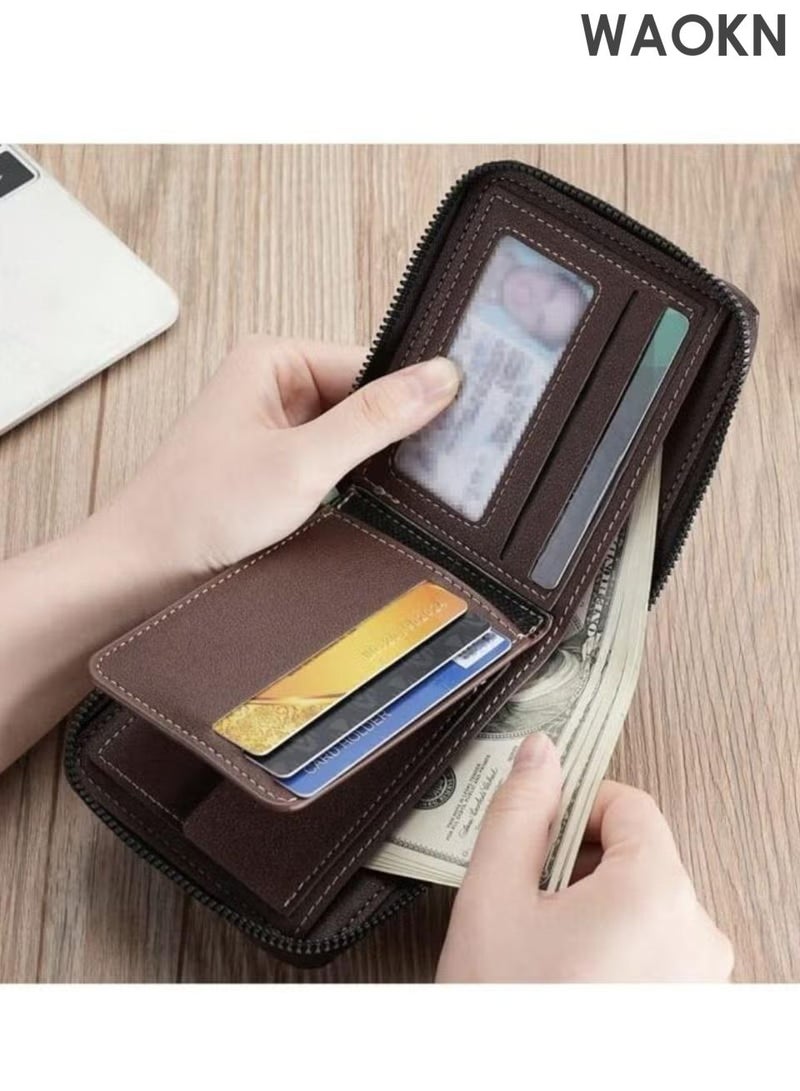WAOKN The new men's wallet is made of imitation leather material, spliced with stone pattern pattern, multifunctional zipper wallet, fashionable and casual, large capacity three fold bag zipper coin purse, multi-functional card bag with multiple card slots in one package. - Image 5