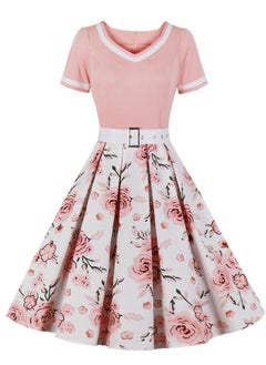 Loquat Vintage Printed Dress Fluffy Skirt Pink 