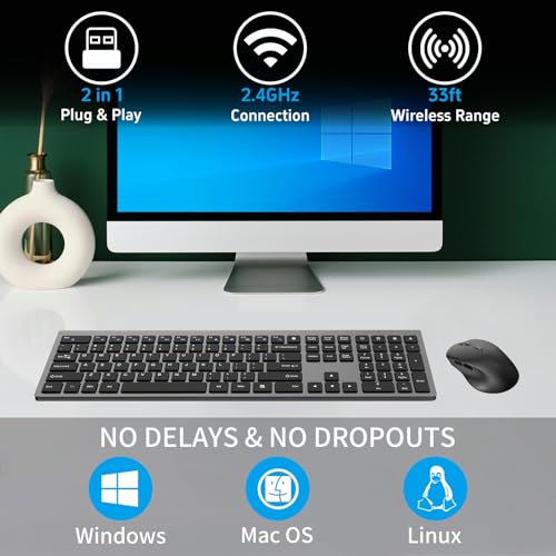 GlowarcPro Wireless Keyboard and Mouse Combo, Full-Size Slim Keyboard with Numeric Keypad, Calculator Button, 2400 DPI Ergonomic Large Mouse for Right Hand, USB Cordless Set for Laptop PC Windows - Black & Grey - Image 3
