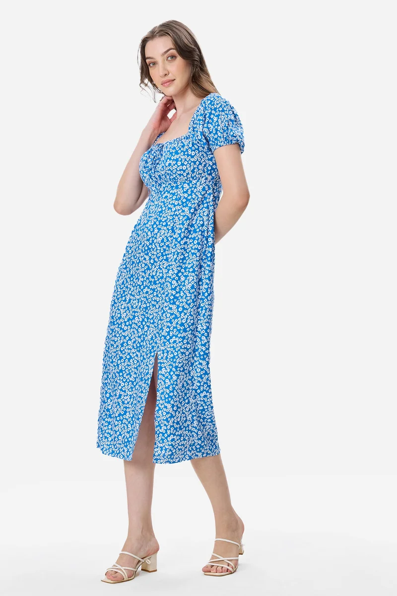 Virgio Blue Abstract Viscose Puff Sleeve Dress for Women for Women | Best Price UAE