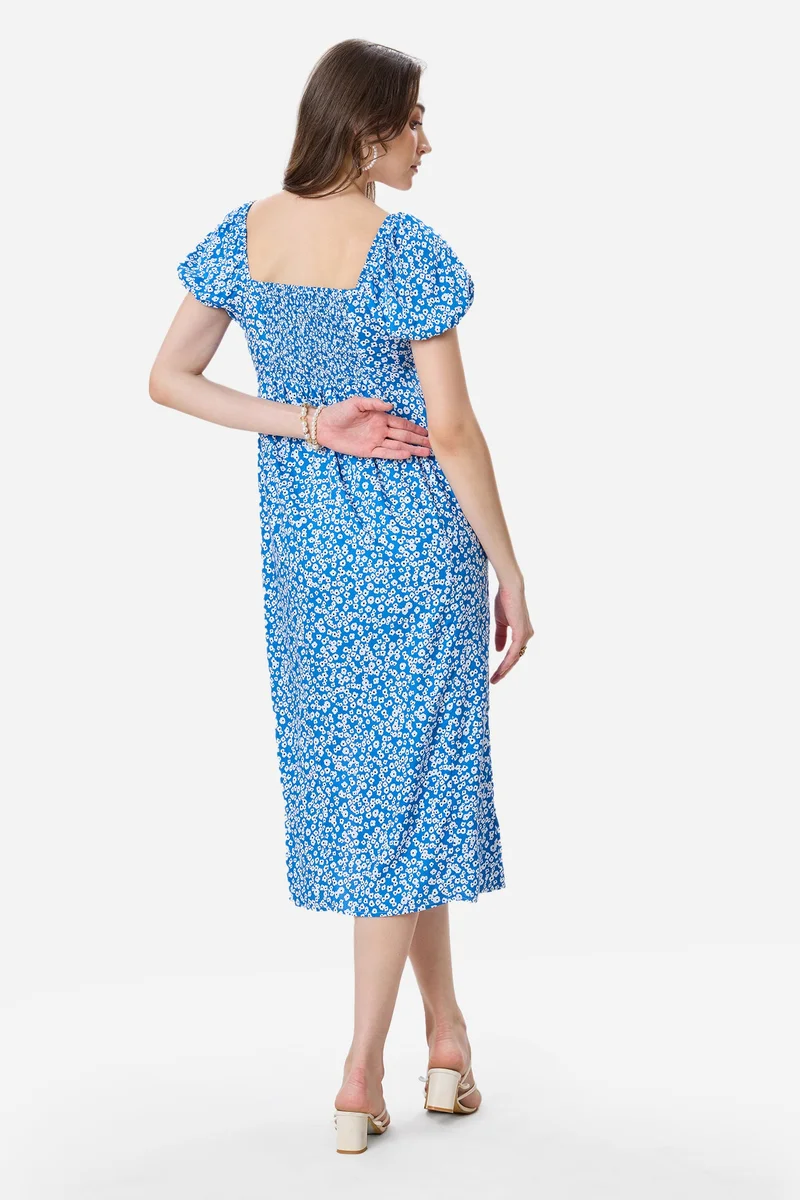 Virgio Blue Abstract Viscose Puff Sleeve Dress for Women for Women | Best Price UAE