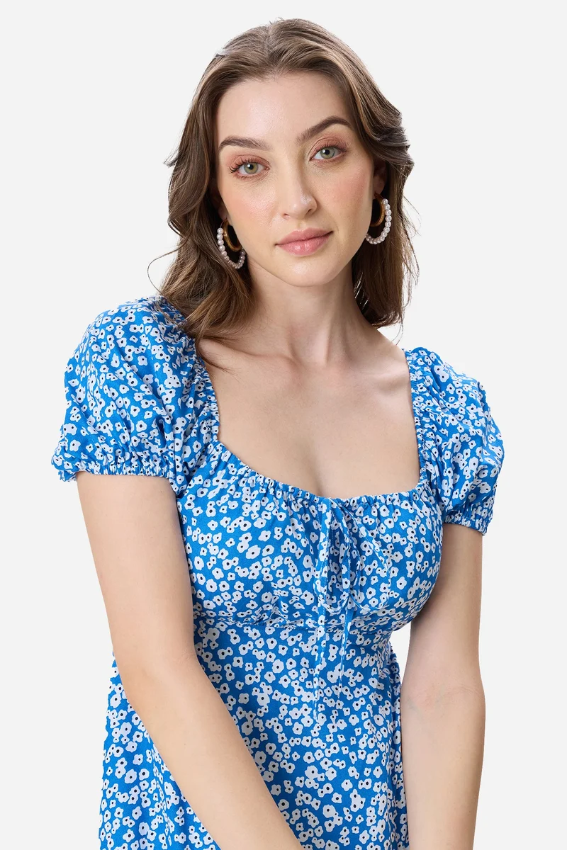 Virgio Blue Abstract Viscose Puff Sleeve Dress for Women for Women | Best Price UAE