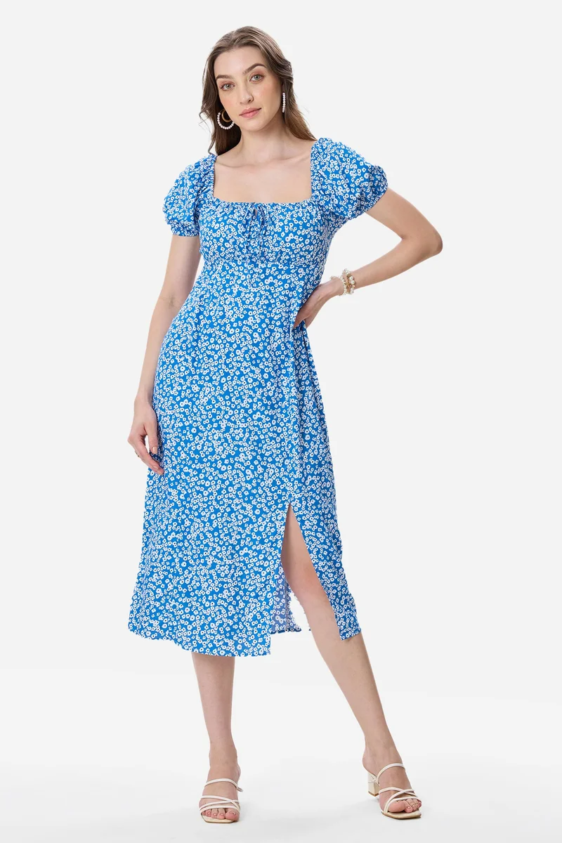 Virgio Abstract Viscose Puff Sleeve Dress for Women