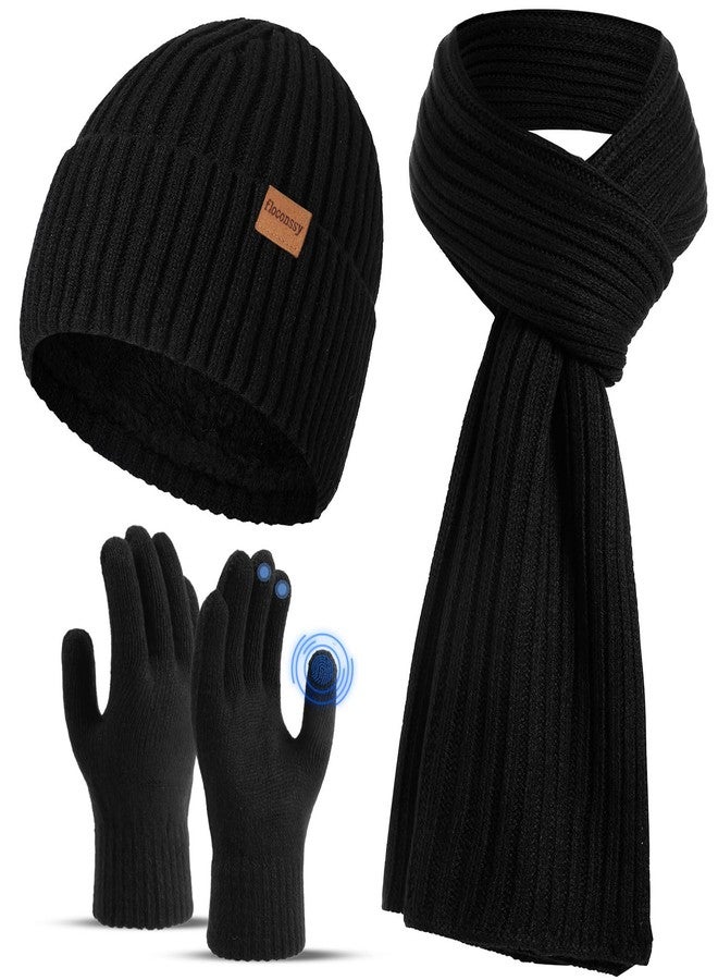 floconssy Men's Winter Beanies Hats Scarf Gloves Sets, 3 PCS Warm Fleece Lined Hat Thermal Long Scarf Touchscreen Gloves for Cold Weather Black - Image 1