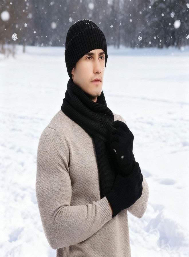 floconssy Men's Winter Beanies Hats Scarf Gloves Sets, 3 PCS Warm Fleece Lined Hat Thermal Long Scarf Touchscreen Gloves for Cold Weather Black - Image 5