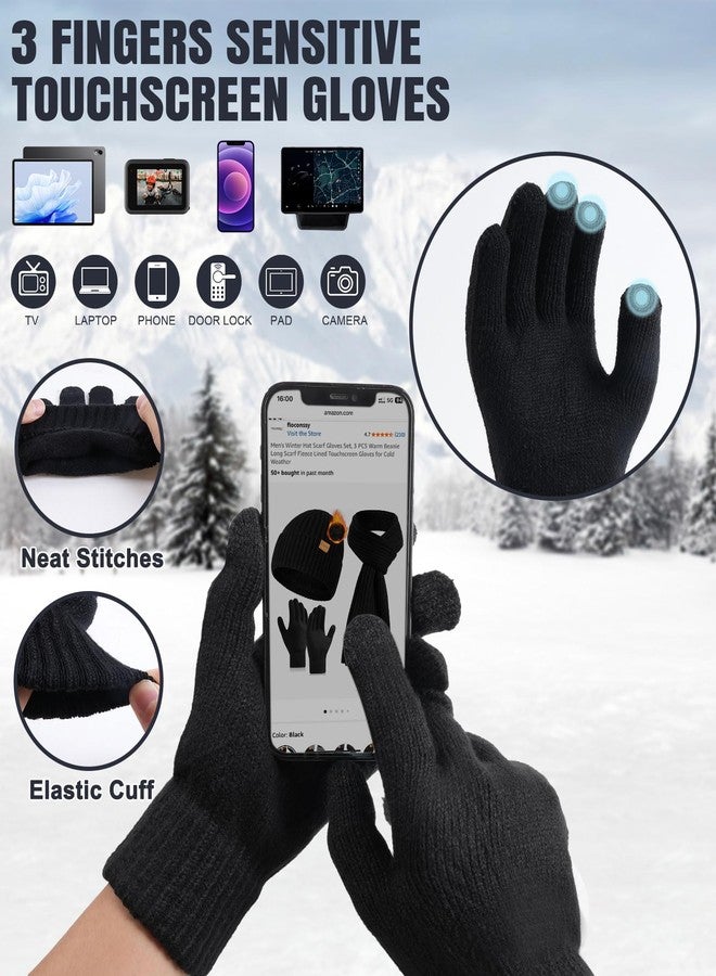 floconssy Men's Winter Beanies Hats Scarf Gloves Sets, 3 PCS Warm Fleece Lined Hat Thermal Long Scarf Touchscreen Gloves for Cold Weather Black - Image 3